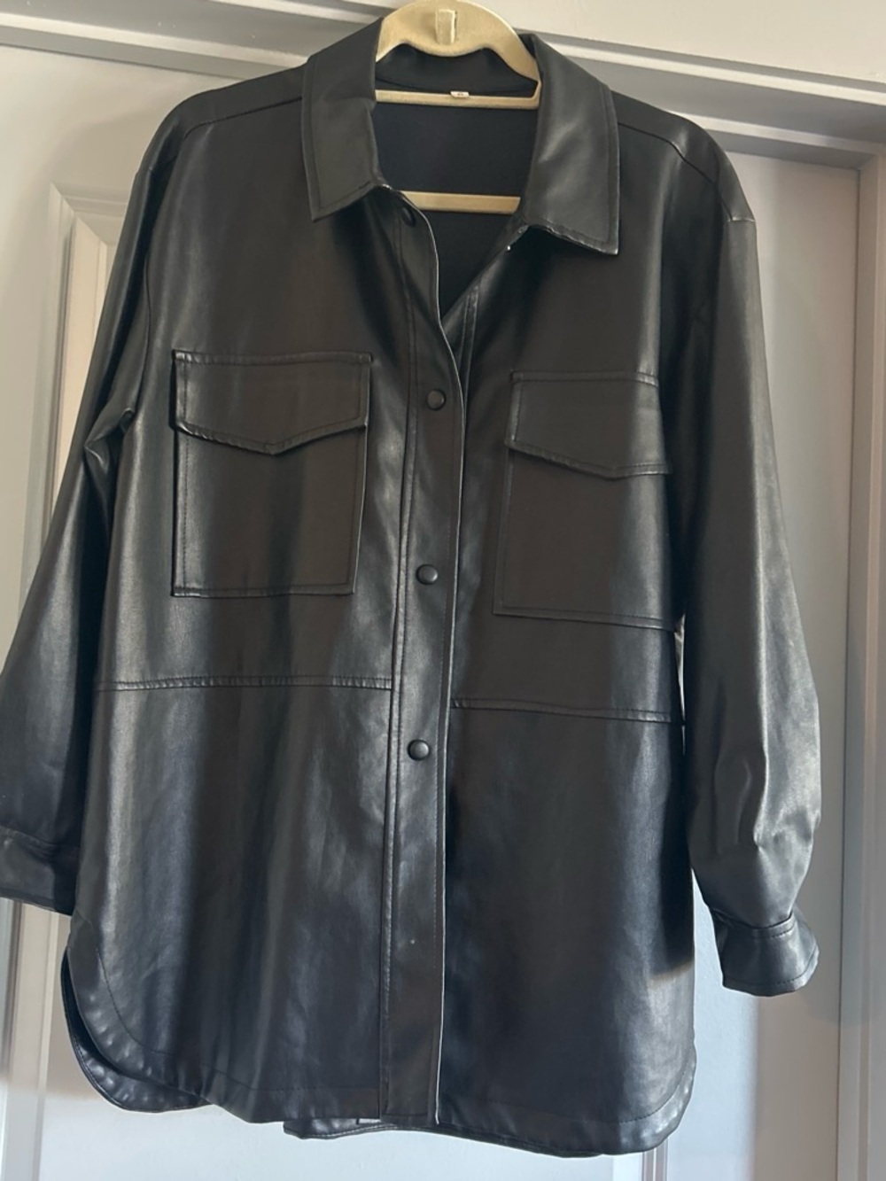 SHEIN Black Faux Leather Overshirt with Chest Pockets